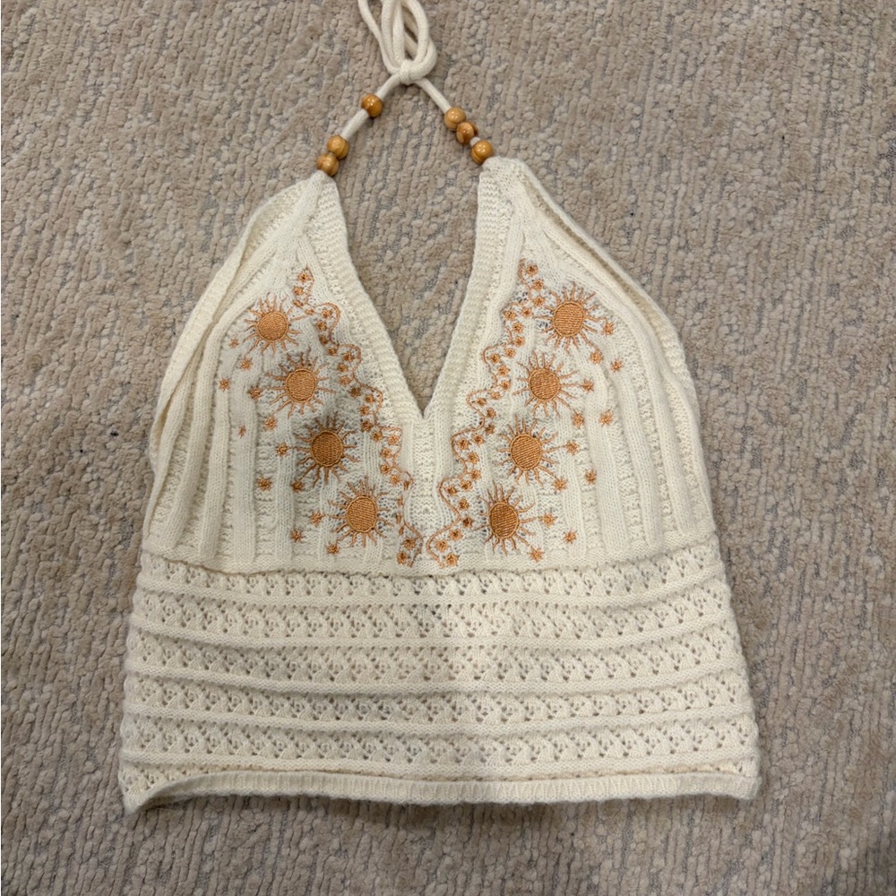 Amazon Cream and Orange Embroidered Crop Top